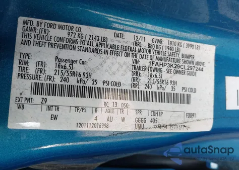 2012 Ford Focus Se z USA, uszkodzony, nr VIN 1FAHP3K29CL297244